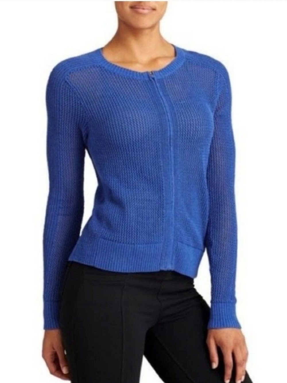 Athleta Caspian Blue Sweater Zip Open Knit Cardigan S Tennis Preppy Resortwear